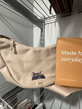 JUJU Cream Crescent Crossbody Bag with Cat Embroidery